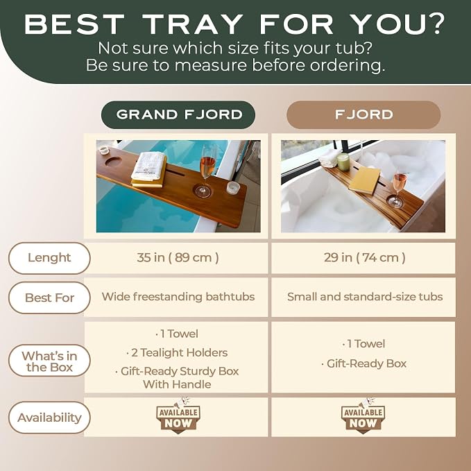 Teak Bathtub Tray for Tub 35” | Bath Tub Tray Wood for Large & Freestanding Tubs, Bathtub Trays for Tub, Bath Tray for Tub, Bath Table Tray | Grand Fjord by JapandiSpirit