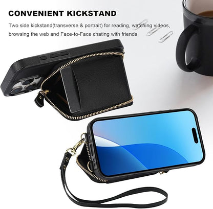 Bocasal RFID Blocking Wallet Case for iPhone 16 Pro, Adjustable Crossbody Zipper Purse Case Card Holder with Kickstand Detachable Wrist Strap, PU Leather Flip Folio Case 6.3 Inch 5G (Black)