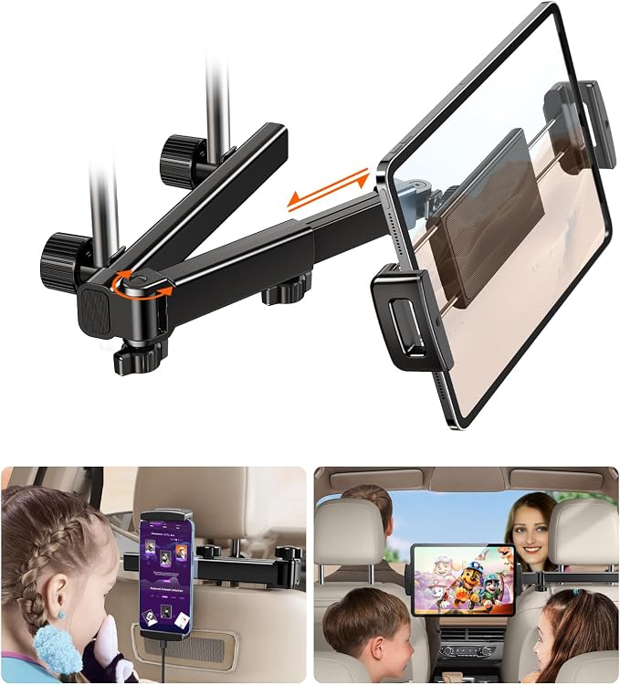 OATSBASF Car Tablet Headrest Holder - Stretchable Mount Backseat Fit iPad Mount Super Stable for Kids & Thick Cases - Road Trip Essentials Fit 4-12.9" Devices