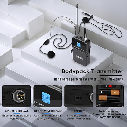 4 Channel Wireless Lapel Microphone, Set of 4 Headset & Lavalier Mics with 4x50 Adjustable Frequency UHF Metal Receiver, 300ft Range Microphone System for Church, Karaoke, Preaching, Wedding