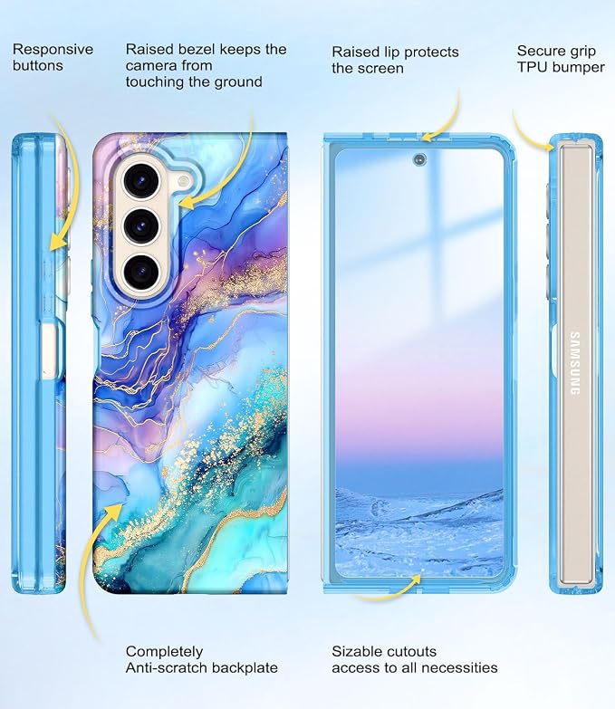 Btscase for Samsung Galaxy Z Fold 5 Case,Built in Front Screen Protector,Gold Glitter Marble Pattern Hard PC Slim Shockproof Full Body Drop Protective Case for Galaxy Z Fold 5 5G, Light Blue
