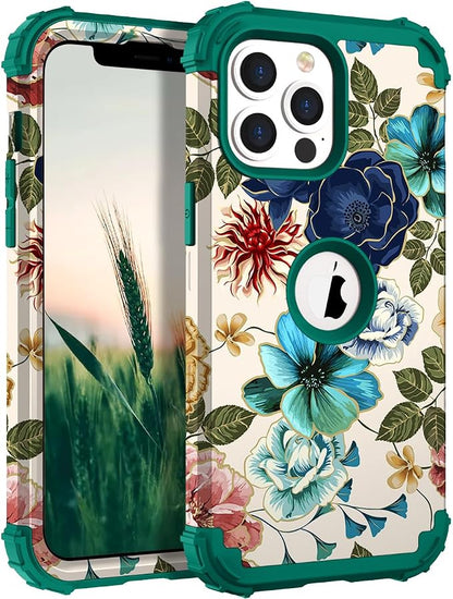 Hocase for iPhone 13 Pro Case, Heavy Duty Shockproof Protection Soft Silicone Rubber+Hard Plastic Bumpers Hybrid Protective Case for iPhone 13 Pro 6.1" 2021 - Teal Flowers