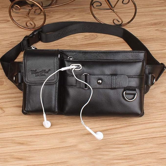 KPYWZER Vintage Leather Waist Bag Fanny Pack for Men&Women Hip Bum Bag with Adjustable Strap for Outdoors Workout Traveling Casual Running Hiking Cycling Black