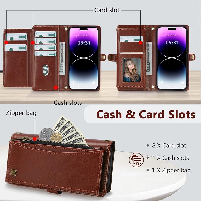 Wallet Case for iPhone 14 Pro Max with Card Holder/Crossbody Wallet/Strap| RFID Blocking | Magnetic | Kickstand | Detachable | PU Leather Phone Case for iPhone 14 Pro Max,6.7 in,Brown