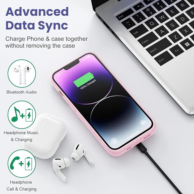Feob Battery Case for iPhone 13/13 Pro/14,[2025 Upgraded] 7500 mAh Ultra-Slim Portable Extended Charger Cover for iPhone 13/13 Pro/14 Charging Case (6.1 Inch)-Pink