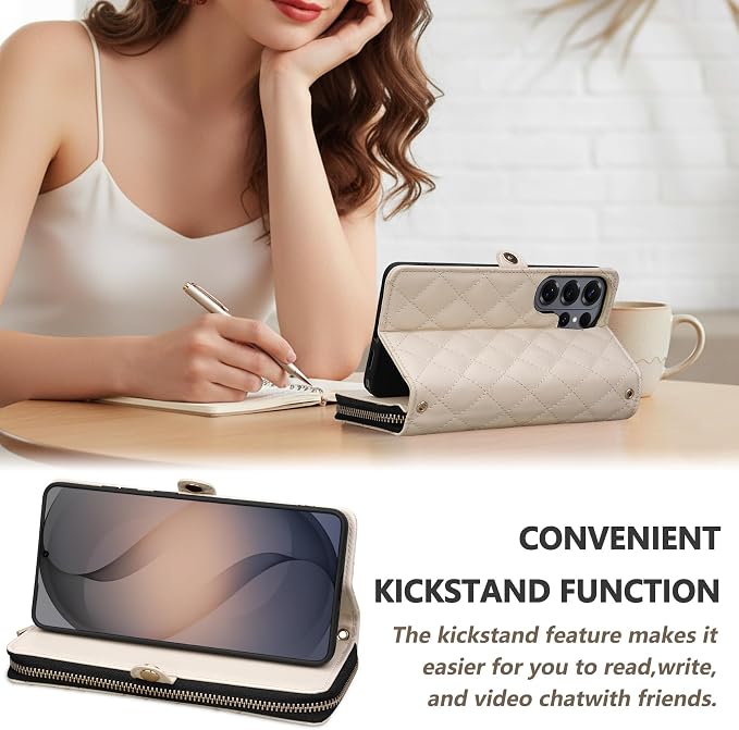 Rssviss Crossbody Case for Samsung Galaxy S26 Ultra Case Wallet, RFID Blocking Leather with Card Holder Kickstand, Handbag Zipper Flip Cover with Wrist Strap for S26 Ultra 6.9" Men Women, White