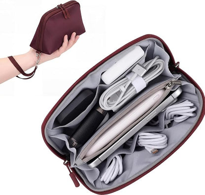 FYY Travel Cable Organizer - 8 Compartments, Lightweight, Water Repellent | With Wrist Strap, Portable Tech Pouch for Cord Charger, Travel and Business Trips Use, Soft Shell Nylon, Wine Red (Small)