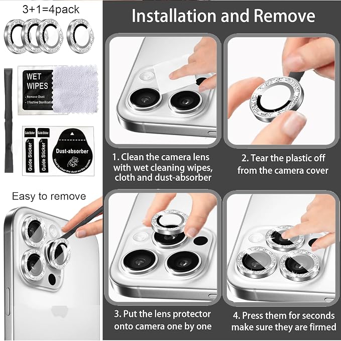 Compatible for iPhone 17/17 Pro/iPhone 17 Pro Max Camera Lens Protector Bling, Cute Sparkle Glitter Camera Cover for Women, Individual Ring, Anti-Scratch (3 Protectors + 1 Extra), Silver