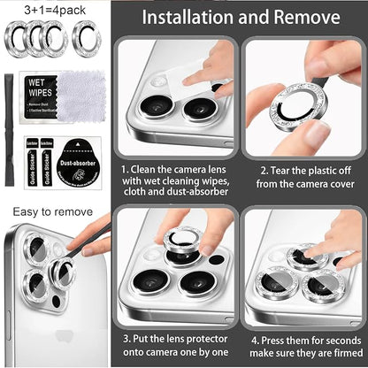 Compatible for iPhone 17/17 Pro/iPhone 17 Pro Max Camera Lens Protector Bling, Cute Sparkle Glitter Camera Cover for Women, Individual Ring, Anti-Scratch (3 Protectors + 1 Extra), Silver
