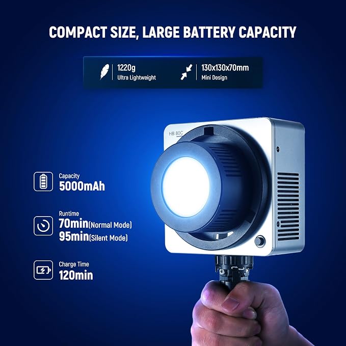 NEEWER HB80C 80W RGBWW LED Video Light with 72Wh Battery & 100W PD Fast Charging, 10400lux/m Brightness, 2500K-7500K CCT, 18 Lighting Effects, Bowens Spotlight for Studio Photography & Video Recording