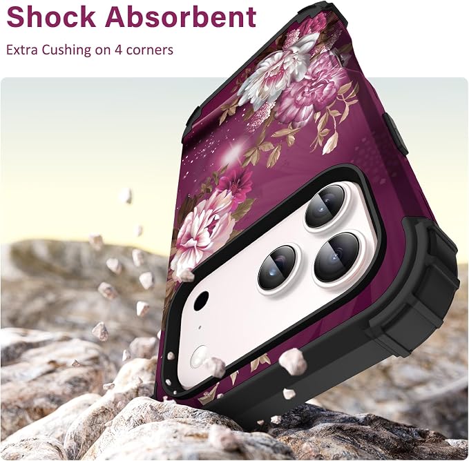 Hocase for iPhone 17 Pro Max Case, Heavy Duty Shockproof Protection Soft Silicone Rubber+Hard Plastic Bumpers Hybrid Protective Case for iPhone 17 Pro Max 2025 - Royal Purple Flowers