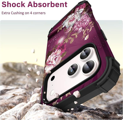 Hocase for iPhone 17 Pro Case 6.3", Heavy Duty Shockproof Protection Soft Silicone Rubber+Hard Plastic Bumpers Hybrid Protective Case for iPhone 17 Pro 2025 - Royal Purple Flowers
