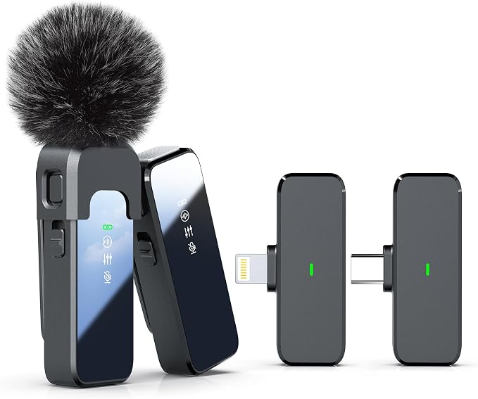 Rythflo Wireless Lavalier Microphone for iPhone Android PC with Noise Cancellation, 100ft Transmission, 18H Battery Life, Lightning & USB Type-C Wireless Lapel Microphone for Video Recording