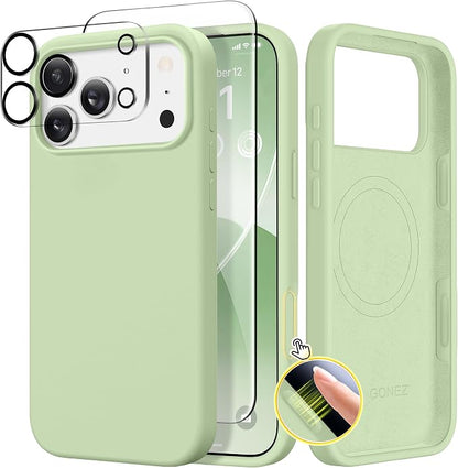 GONEZ Magnetic for iPhone 17 Pro Max Case, Compatible with MagSafe, [Screen Protector + Camera Lens Protector], Liquid Silicone Anti-Scratch Shockproof Protective Phone Case 6.9 inch, Green