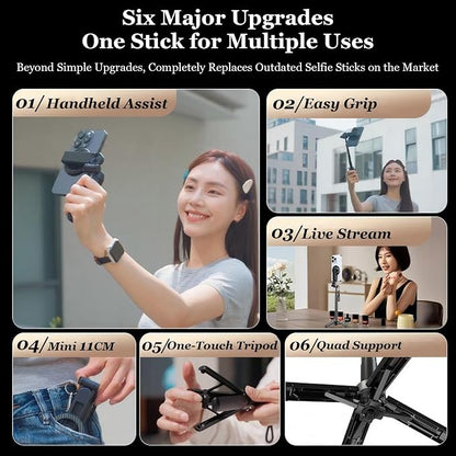 Magnetic Pocket Selfie Stick, 4-in-1 Magnetic Selfie Stick for iPhone with Rechargeable Remote, Portable Extendable Tripod Stand for Home, Travel, Vlogging & Video Recording (Black)