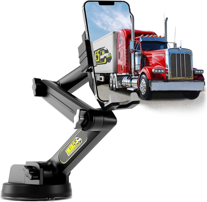 Cell Phone Mount for Truck Phone Holder for Truck Drivers - Heavy Duty Suction Cup + Dashboard Pad, iPhone Holder for Dashboard Window 16.9 inch Long, for iPhone & Samsung, Big Rig Trucker, Gray