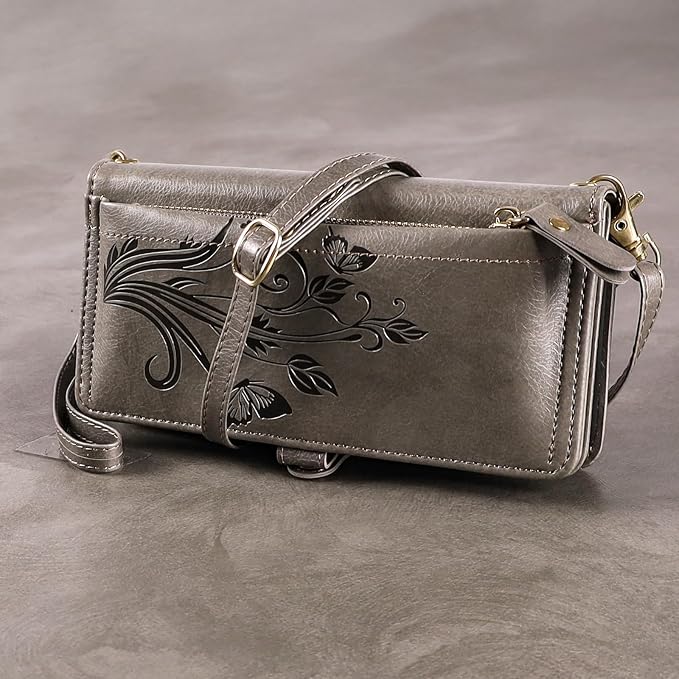 Lacass for iPhone 16 Plus Case Wallet,[Cards Theft Scan Protection] Card Holder Zipper Leather Flip Cover Crossbody Wrist Strap with Stand (Floral Gray)
