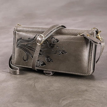 Lacass for iPhone 17 Pro Case Wallet,[Cards Theft Scan Protection] Card Holder Zipper Leather Flip Cover Crossbody Wrist Strap with Stand (Floral Gray)