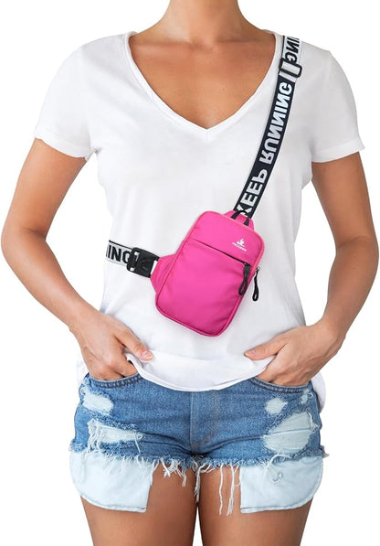 Peicees Mini Crossbody Sling Bag Chest Bag Dual Pocket Water Resistant Fanny Pack Running Phone Holder for Men Women Workout Travel, Rose