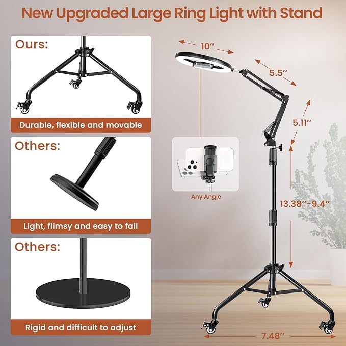 Ring Light Overhead Phone Mount with Casters, Dual-Purpose Floor/Desk Light Tripod for iPhone, Selfie Phone Tripod for Video Recording/Live Streaming/Cooking