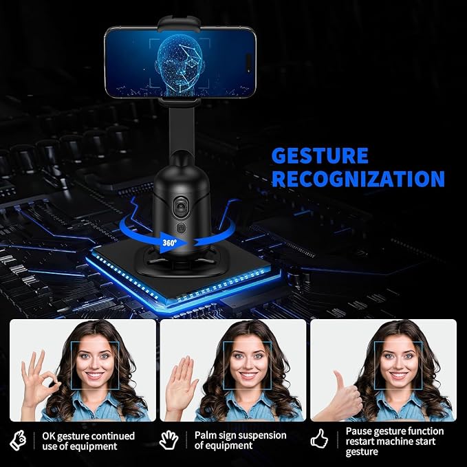 Auto Face Tracking Tripod, AI Phone Gimbal Stabilizer with Remote and Gesture Control, 360° Rotation, No App, 1200mAh Battery, 5-Hour Runtime, Cell Phone Photo and Video Kits Stand for Live Recording