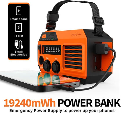 FosPower NOAA Emergency Weather Radio A6 19240mWh Portable Power Bank, AM/FM, USB/Solar/Hand Crank Charging, Battery Operated, SOS Alarm & Flashlight for Indoor/Outdoor Emergency - Orange