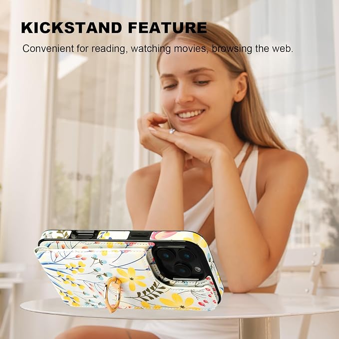 HAOPINSH for iPhone 16 Pro Max Wallet Case with Card Holder, 360°Rotation Ring Kickstand, Floral Flower Pattern, RFID Blocking Leather for Girls Women, Double Buttons Protective Cover 6.9"