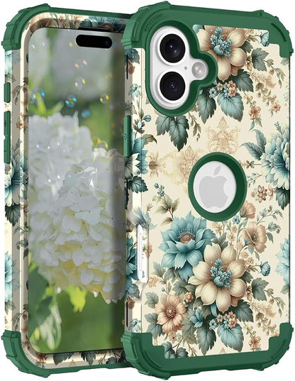 Hocase for iPhone 17 Case 6.3", Heavy Duty Shockproof Protection Soft Silicone Rubber+Hard Plastic Bumpers Hybrid Protective Case for iPhone 17 2025 - Teal Blue Flowers