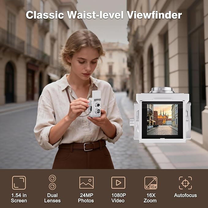Mini Retro TLR Digital Camera, Portable 24MP 1080P FHD Vintage Point and Shoot Pocket Travel Camera with Twin Lens, Autofocus, 16X Digital Zoom, 16GB Card, for Beginners, Teens & Adults - White