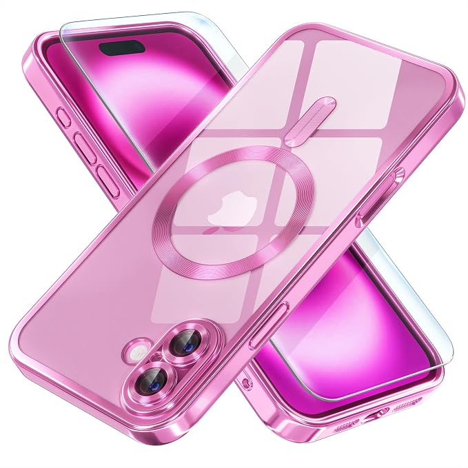 Misea Magnetic for iPhone 16 Plus Case Compatible with MagSafe [Never Yellowing] [Military Grade Drop Protection] Full Camera Lens Protector Plating Soft Clear Phone Case for Women 6.7 inch, Hot Pink