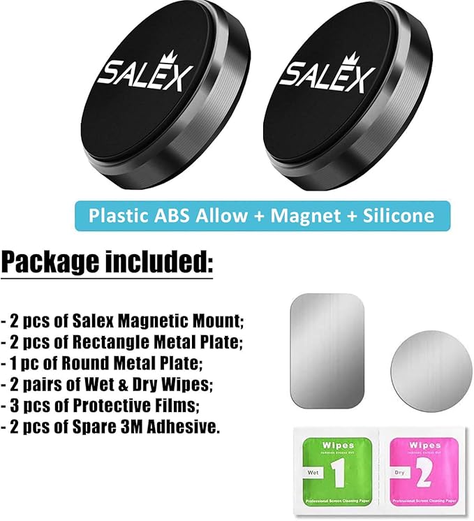 SALEX Magnetic Phone Mounts 2 Pack with 3M Adhesive. Black Flat Cell Phone Holder for Car Dashboard, Truck, Wall, Mirror, Table. Universal Low Profile Stick on Magnet Set