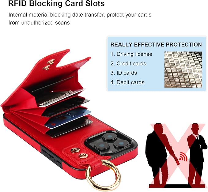 Folosu for iPhone 16 Pro Max Wallet Case with Card Holder, Hand Wrist Strap Loop Holder Kickstand, RFID Blocking Finger Grip Ring PU Leather Double Buttons Shockproof Cover 6.9" Red