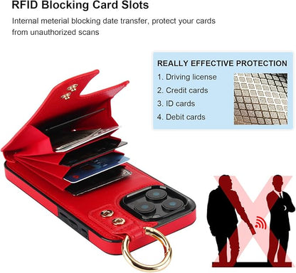 Folosu for iPhone 16 Pro Max Wallet Case with Card Holder, Hand Wrist Strap Loop Holder Kickstand, RFID Blocking Finger Grip Ring PU Leather Double Buttons Shockproof Cover 6.9" Red