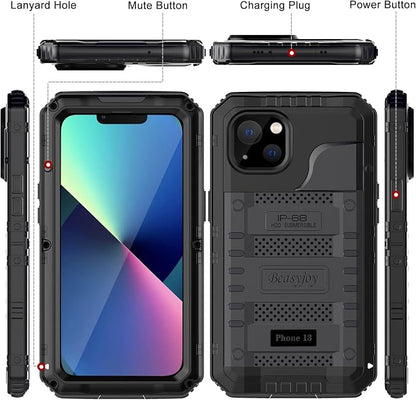 Beasyjoy for iPhone 13 Case Waterproof, Metal Phone Case with Built-in Screen Protector, Heavy Duty Full Body Protective Military Grade Shockproof Rugged Defender Cover 6.1 Inch, Black