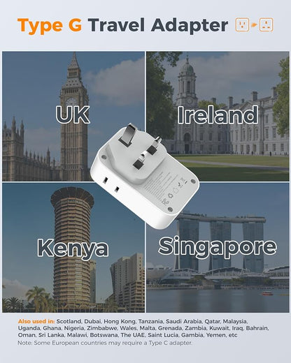 Type G Adapter for Travel 2 Pack, TESSAN PD 20W US to UK Plug Adapter with 4 AC Outlets 4 USB Ports (2 USB C), Ireland Power Adaptor for USA to England London British Scotland Dubai Hong Kong Kenya