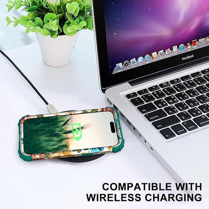 Hocase for iPhone 15 Pro Case, Heavy Duty Shockproof Protection Soft Silicone Rubber Bumper+Hard Plastic Hybrid Protective Case for iPhone 15 Pro 6.1" 2023 - Teal Flowers