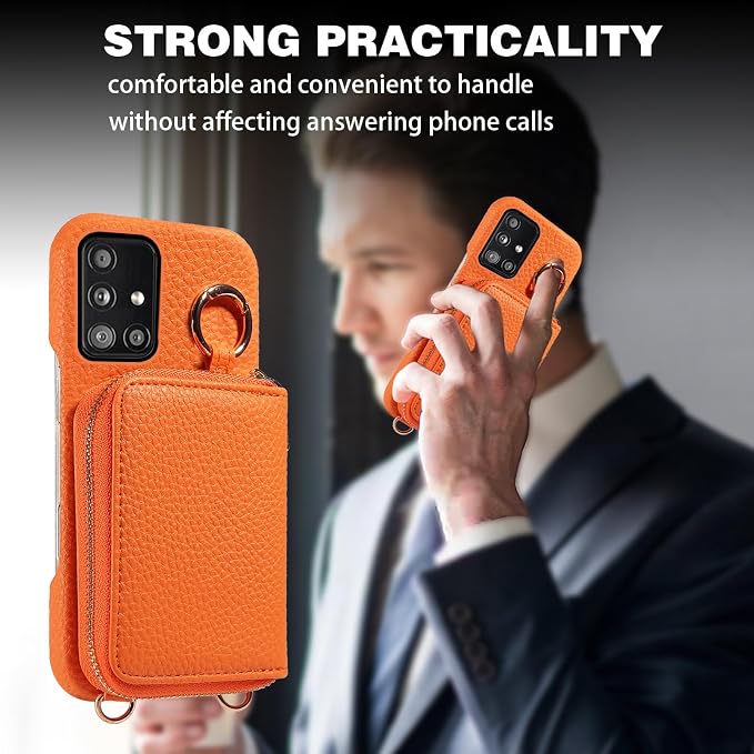 Wallet Case for Samsung Galaxy A51 5G/A 51 5G UW Verizon Shoulder Strap Ring Buckle PU Leather Zipper Flip Organ Purse Credit Card Holder Stand Full Body Cell Phone Cover for 51A G5 S51 Orange