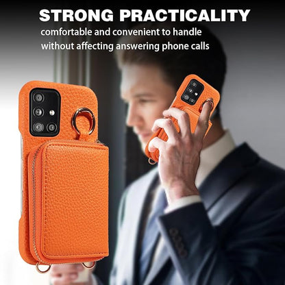 Wallet Case for Samsung Galaxy A51 5G/A 51 5G UW Verizon Shoulder Strap Ring Buckle PU Leather Zipper Flip Organ Purse Credit Card Holder Stand Full Body Cell Phone Cover for 51A G5 S51 Orange