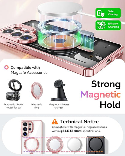 Meifigno Magnetic Case Designed for Samsung Galaxy S26 Ultra 6.9", [Compatible with MagSafe] [Removable Glitter Card & Wrist Strap], Surround Lens Protection Case for Galaxy S26 Ultra, Rose Gold