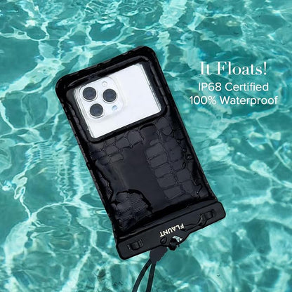 Flaunt Black Crocodile Waterproof Floating Phone Pouch with Crossbody Lanyard - Travel Beach Cruise Ship Essentials - Large