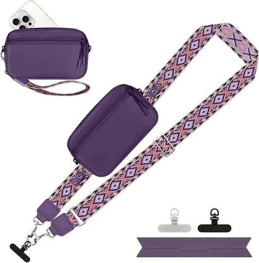 YFWE Clip and Go Strap for Phone with Wallet Crossbody, Adjustable Phone Lanyard with Detachable RFID Wristlet Wallet, Pattern Strap - Dark Purple (L)