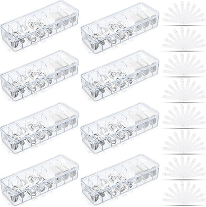 Tatuo 8 Pcs Cord Organizer for Drawer Desktop, Cable Organizer Box with 8 Compartments and Wire Ties, Plastic Charger Storage with Lid, Electronics Case for Home Office Accessories (Small,Clear)