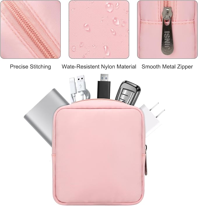 Tech Organizer Pouch, Small Multi-Pocket Electronics Case (Pink) | Water-resistant nylon, foam padding, metal zipper, travel cable bag for charger, power bank, earbuds, SD cards and USB cables