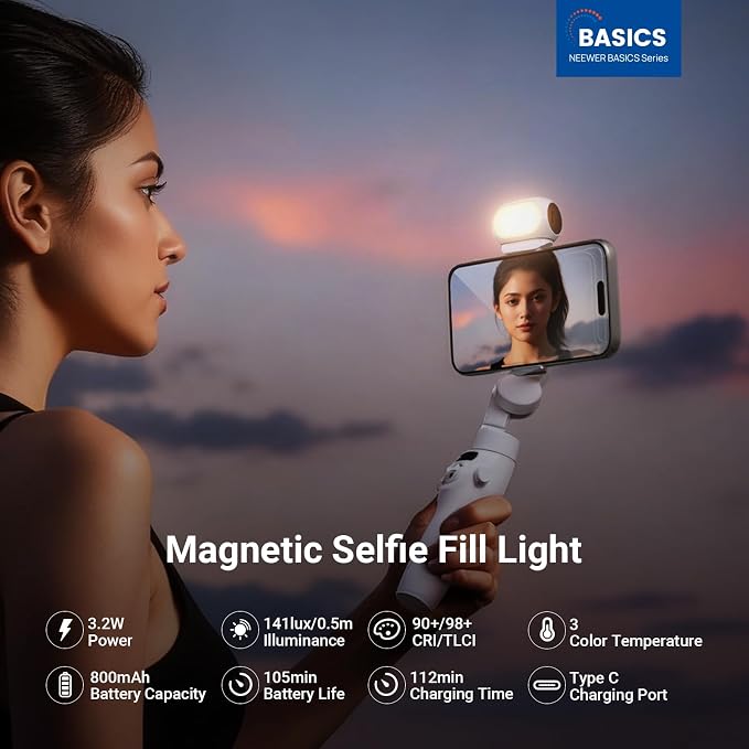 NEEWER Basics Magnetic Selfie Fill Light with Phone Clip/Cold Shoe Mount Compatible with DJI OSMO Mobile 7P 7 SE ZHIYUN Gimbal iPhone, CRI90+ 800mAh Small LED Camera Video Recording Lighting, NL40B