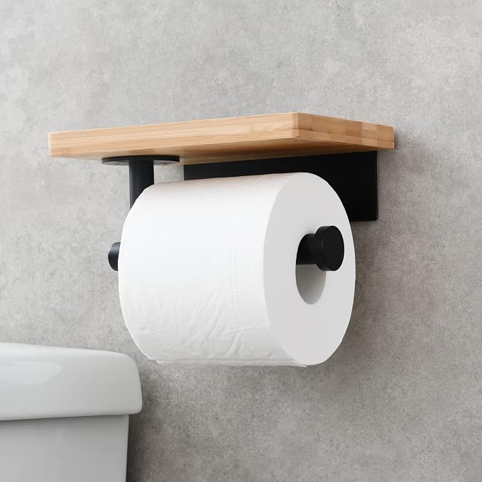 Tecmolog Stainless Steel Paper Towel Roll Holder Self Adhesive Black Toilet Paper Holder with Wood Shelf, SBH263B