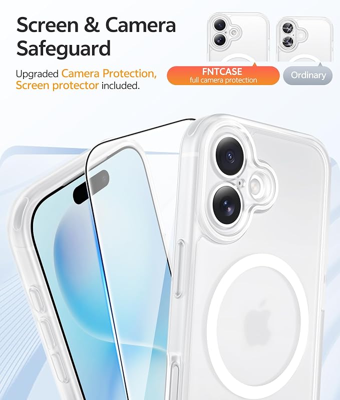 FNTCASE for iPhone 16 Plus Case: [Compatible with Magsafe] Translucent Matte Cases with [Full Camera Protection] [Screen Protector] Military Grade Shockproof Protective Phone Cover - White