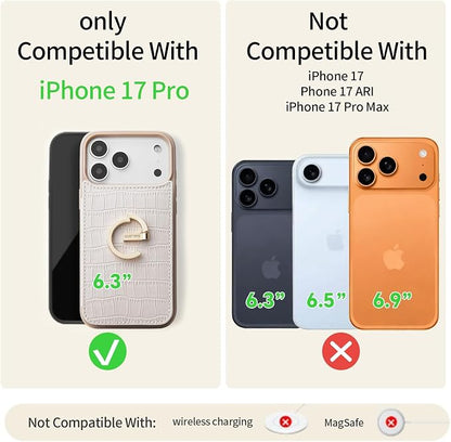 CUSTYPE Compatible with iPhone 17 Pro Wallet Case with Card Holder,180°Ring Holder Kickstand Card Slots Case,PU Leather Protective Case for iPhone 17 Pro 6.3inch-Beige