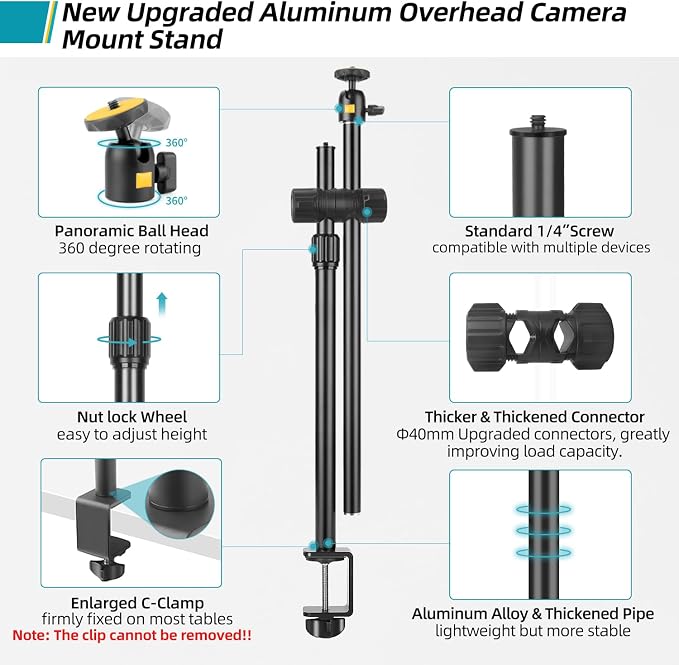 Camera Desk Mount Webcam Stand with Overhead Articulating Magic Boom Arm 1/4" Ball Head for DSLR Tripod, Adjustable Light Stand, Tabletop C Clamp for Ring Light Photo Video Shooting Live Streaming