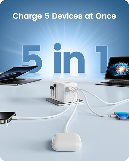 LENCENT 140W International Travel Adapter, GaN Universal Travel Adapter | with 1 USB-A & 3 Type C Power Converter, Fast Charger for Phone,Laptops, Worldwide Plug Outlet for USA/UK/EU/AUS, White