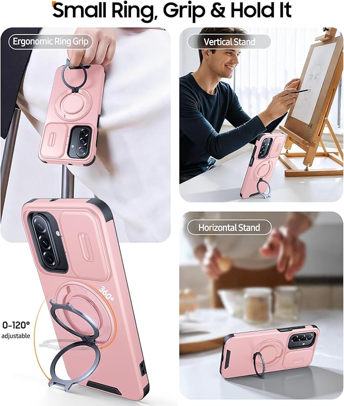 JAME for Samsung Galaxy A57 5G Case, Ring Holder Stand Kickstand, Slide Camera Cover, 2 Screen Protectors, Dual-Layer Shockproof Protective, Magnetic Accessory Friendly Galaxy A57 Phone Case, Pink
